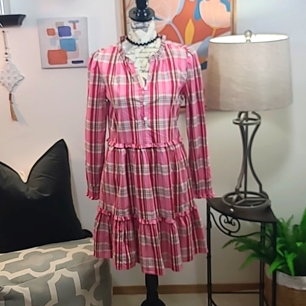 J Crew NWT Plaid Mini Dress Ruffle Trim Sweet Briar Marine Salt Pink - Picture 2 of 10